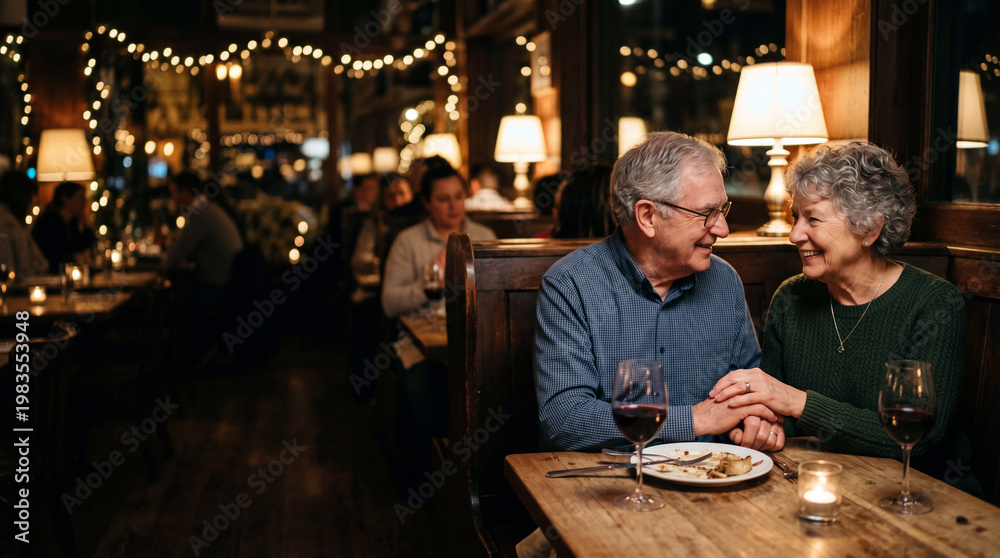 Obraz premium Senior couple enjoying romantic dinner in cozy restaurant at night