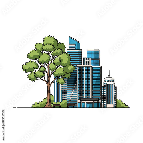Sustainable Urban Landscape with Skyscrapers and Green Park Illustration