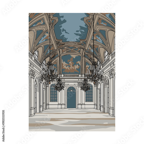 Grand Palace Hall Illustration with Vaulted Ceiling and Chandeliers