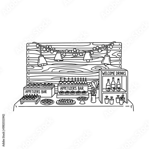 Line Art Illustration of Appetizer and Welcome Drinks Event Buffet