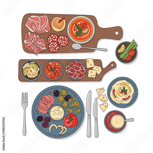 Spanish Tapas and Meze Food Platter Vector Illustration