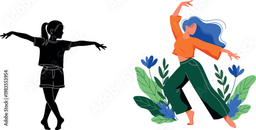Dancing woman vector illustration with silhouette and colorful female character expressive movement modern flat design collection