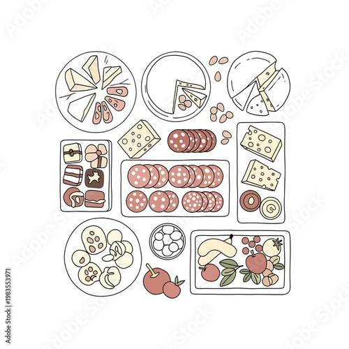 Hand Drawn Charcuterie Board Illustration with Cheese and Salami