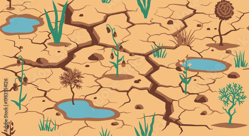 Seamless Pattern of Cracked Dry Soil with Sparse Plants and Water