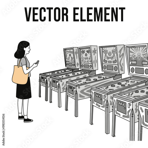 Woman with Smartphone Standing near Row of Vintage Pinball Machines