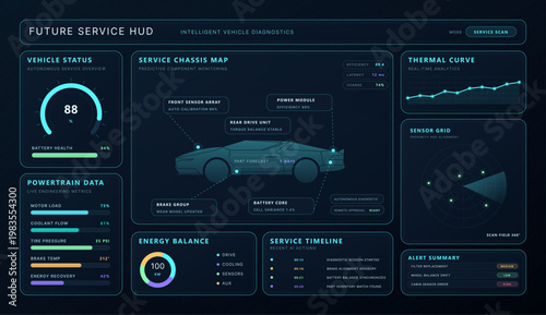 Hi-tech Vehicle Service, HUD dashboard with the car model and parameters. Futuristic car service, ai dashboard with radar scan, telemetry panels, engine metrics, thermal graphs. HUD, UI App. Vector