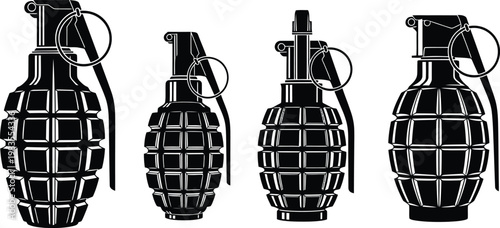 Four vintage hand grenades a detailed black and white illustration of explosive ordnance