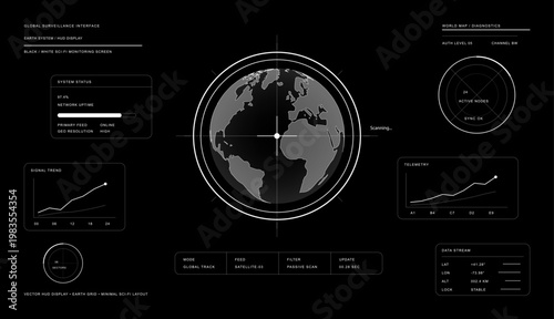 Futuristic Global Surveillance HUD with Earth Scan Interface. Earth globe control center in HUD style. Sci-fi dashboard with UI telemetry graphs, tracking panels, and system diagnostics. Vector 