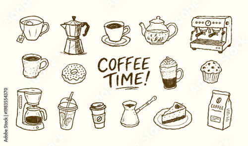Hand Drawn Coffee Doodle Set with Cups and Pastry Icons. Vintage-style coffee sketch collection featuring cups, brewers, pastries. Doodle hand-drawn cafe set. Vector graphic pack