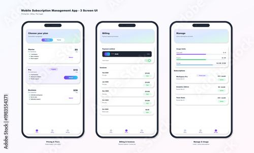 Mobile Subscription Management App UI with Pricing and Billing. Clean mobile subscription management app interface featuring pricing tiers, billing. UI, UX Application mockup. Vector set screens