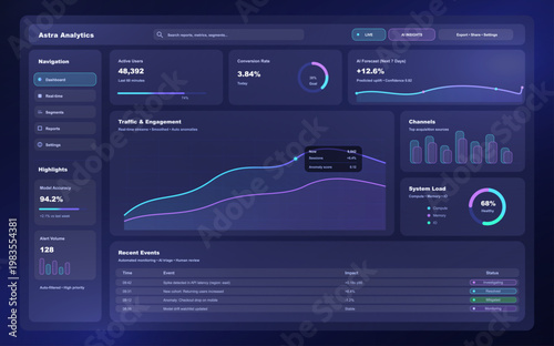 AI Analytics Dashboard UI with Purple Data Visualization. Modern dark analytics dashboard interface with AI insights, forecast charts, KPI cards, traffic metrics, channel performance. Vector UI panel