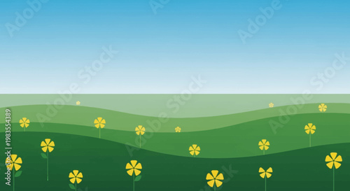 a green field with yellow flowers.