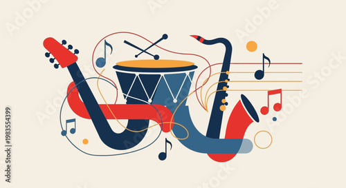 Vibrant musical instruments and notes composition.