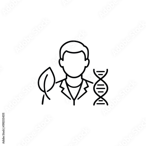 Black and white vector bioengineer profession icon with scientist in lab coat DNA helix and leaf bioengineer profession illustration