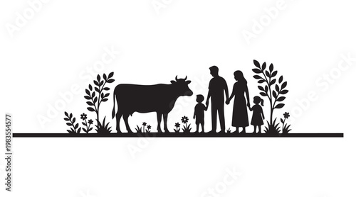 Family with children and cow standing together in grassy field with plants and flowers