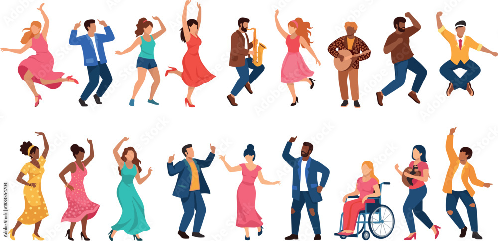Fototapeta premium Diverse people dancing with musicians vector set featuring joyful men and women party celebration music performance colorful illustration collection