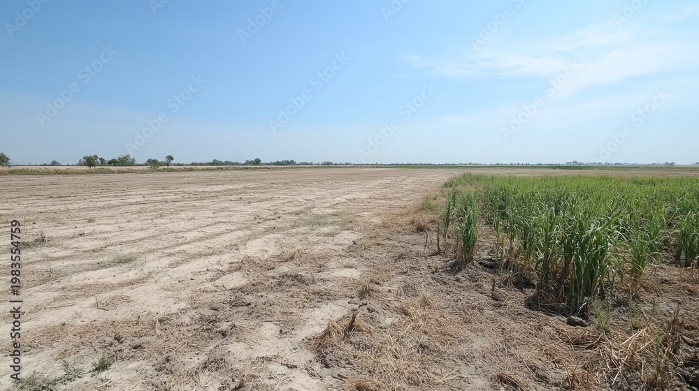 Fototapeta premium Agricultural landscape with crop fields under blue sky