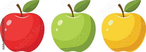 Red, Green, and Yellow Apples with Leaves for Healthy Eating, Organic Food, and Fruit Illustration Designs