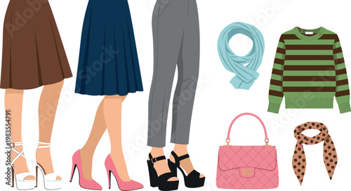 Women fashion items vector set with skirts pants heels sweater handbag scarf and stylish clothing accessories illustration collection