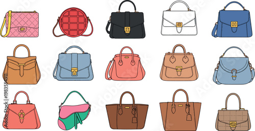Collection of stylish women handbags vector set with luxury purses shoulder bags and trendy fashion accessories illustration