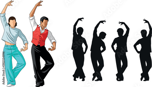Male dancers vector set with stylish men performing flamenco and ballroom poses silhouette and colored illustration collection