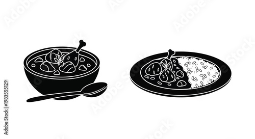 Two plates of food a soup and a rice dish in silhouette