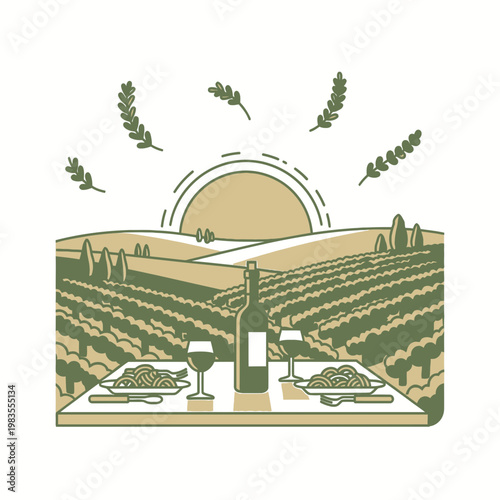 Italian Vineyard Dinner with Wine and Pasta at Sunset Illustration