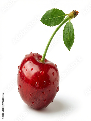 Fresh cherry with a vibrant green leafy stem and slight dew droplets on its skin