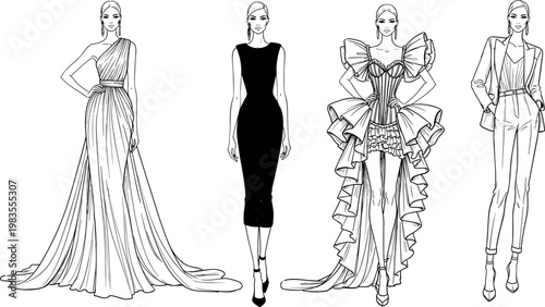 High fashion women vector set with elegant evening gowns couture dresses and stylish suit outfits line art illustration collection