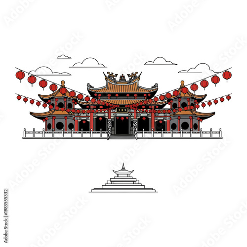Traditional Chinese Temple Illustration with Red Lanterns
