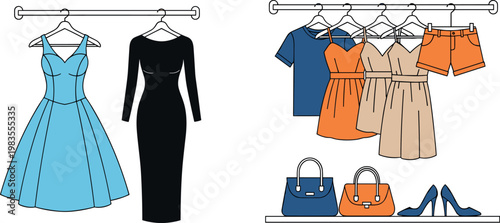 Fashion clothing rack vector illustration with dresses outfits handbags shoes and casual wear collection stylish wardrobe display set