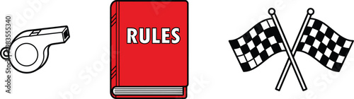 Racing essentials whistle rulebook and checkered flags represent competition and regulation
