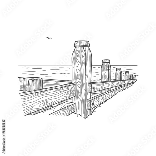Wooden Groyne Breakwater on the Beach Vector Illustration Sketch