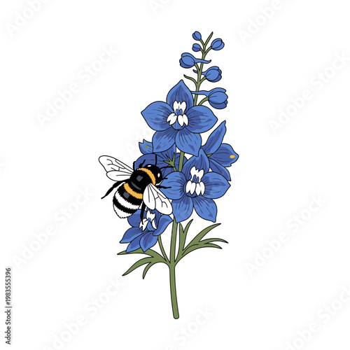 Bumblebee Pollinating Blue Delphinium Flower Illustration