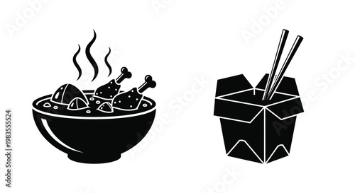 Asian cuisine ramen chicken and takeout box in black silhouette