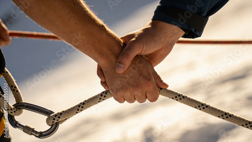 Close up of mountain climbers hands gripping safety rope with carabiner, teamwork and trust concept in extreme sports