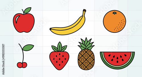 Colorful cartoon fruits on white.