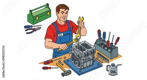 Mechanic working on engine with tools.