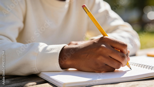 Close-up of African American Hand Writing with Pencil in Spiral Notebook Outdoors, Student Taking Notes on Wooden Table in Park, Creative Process and Education Concept