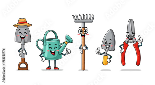 Cartoon gardening tools with faces.