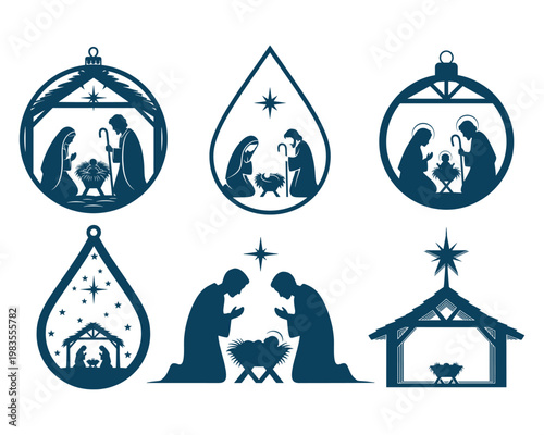 Nativity Scene Christmas Ornament Icon Set Minimal Line Art Religious Collection