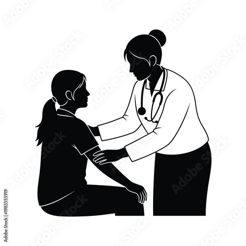 Doctor examining female patient silhouette vector illustration clinical checkup interaction.
