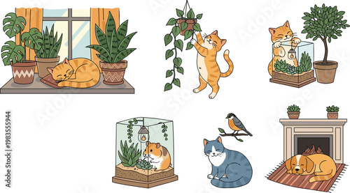Cozy home pets and houseplants vector set with cats terrarium indoor greenery window scene warm interior lifestyle collection