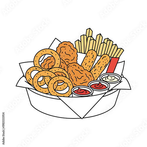 Fast Food Basket with Onion Rings Chicken Nuggets and Fries