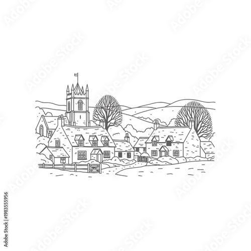Hand Drawn Line Art Illustration of an English Rural Village