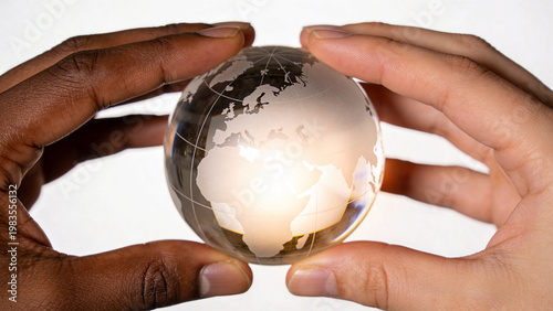 Diverse Multicultural Hands Holding a Glowing Glass Globe Symbolizing Global Unity, Peace, and Environmental Protection