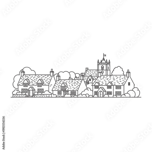 English Village Line Art Illustration with Traditional Cottages
