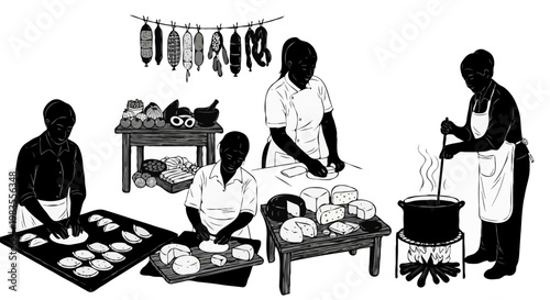 Silhouette of woman at Market Stall with Hanging Meats — Street Food Scene