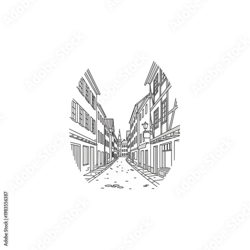 European Old Town Street Illustration Line Art