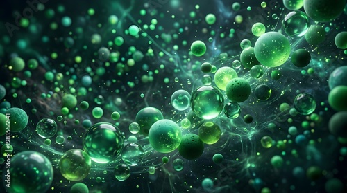 A mesmerizing array of green bubbles floating in a dark mysterious environment with varying sizes and lighting effects